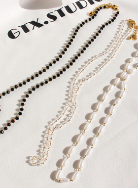 外贸饰品经典百搭黑白色水晶串珠细项链米粒珍珠叠戴锁骨链女376