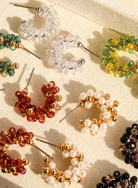 外贸饰品小众气质珍珠编织C形耳环轻奢高级彩色串珠圆形耳钉V327