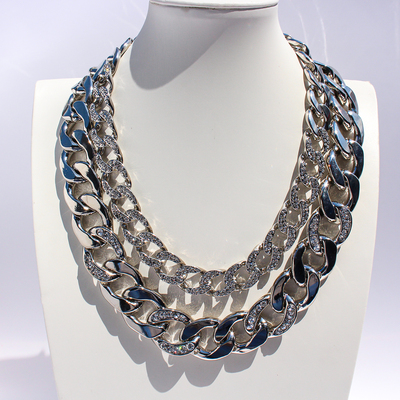 重工高品质外贸饰品欧美夸张镶嵌钻石宽版古巴链条项链潮人酷V30