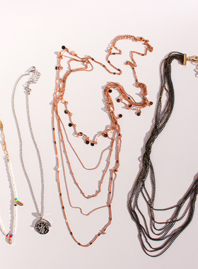 外贸饰品欧美小众时髦多层细链条长款项链珍珠串珠树叶锁骨链430