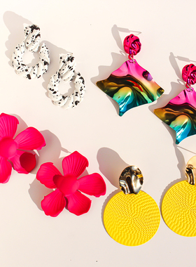 外贸饰品欧美风黄色编织纹理圆形夸张耳环玫红色喷漆花朵耳钉V343