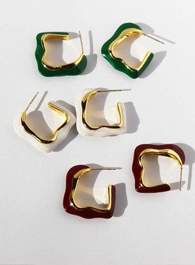 欧美复古vintage珐琅绿色滴釉方形耳钉几何不规则撞色耳环银针B53