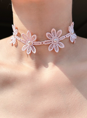 外贸原单甜美气质粉色蕾丝花朵颈链镶嵌珍珠choker卡脖锁骨链女65