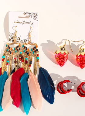 少量卖完不补外贸饰品彩色滴釉流苏羽毛夸张耳坠红色草莓耳环346
