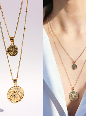 外贸饰品两组套装小众复古浮雕圆牌长项链太阳吊坠时髦精必入115