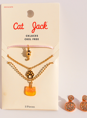 外贸饰品三组套装金箔亮片猫咪爪印叠戴项链时尚闪钻圆形耳钉432