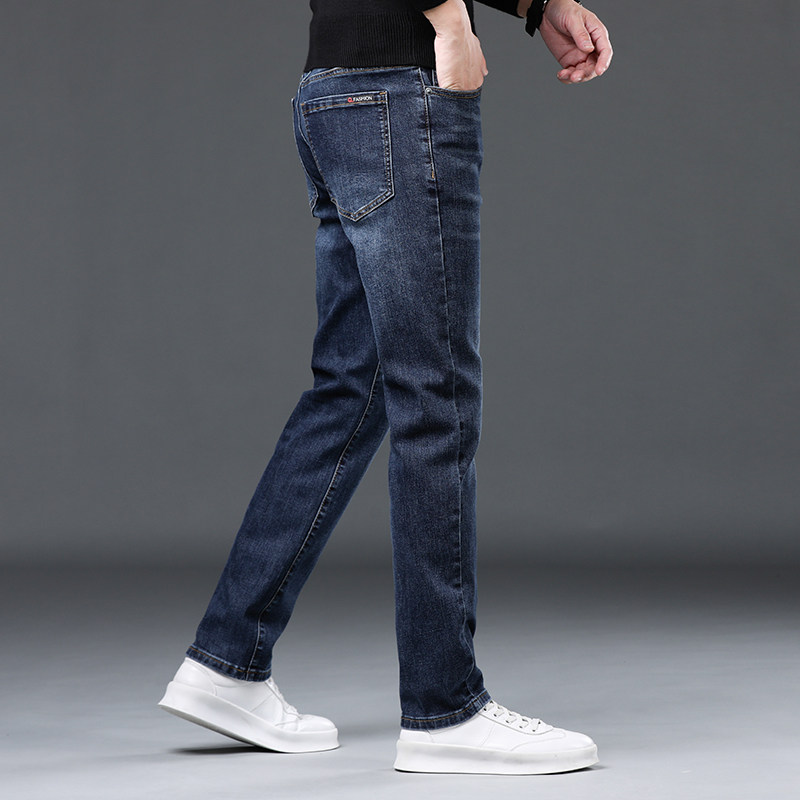 香港深蓝秋冬牛仔裤男修身直筒弹力百搭韩版潮流休闲 长裤加绒加