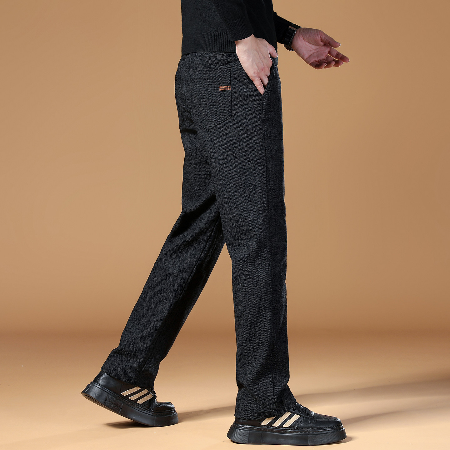 香港秋冬季高端毛呢黑色休闲裤男士修身直筒中年商务百搭长裤子男