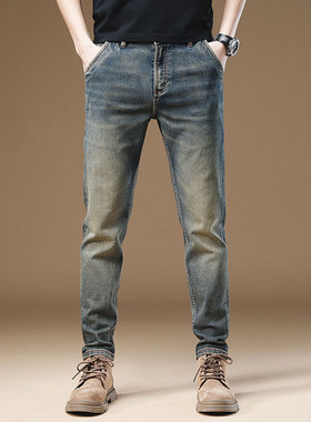 香港覆古黄色泥染牛仔裤男士，春秋季时尚品牌水洗和苦恼直休闲裤