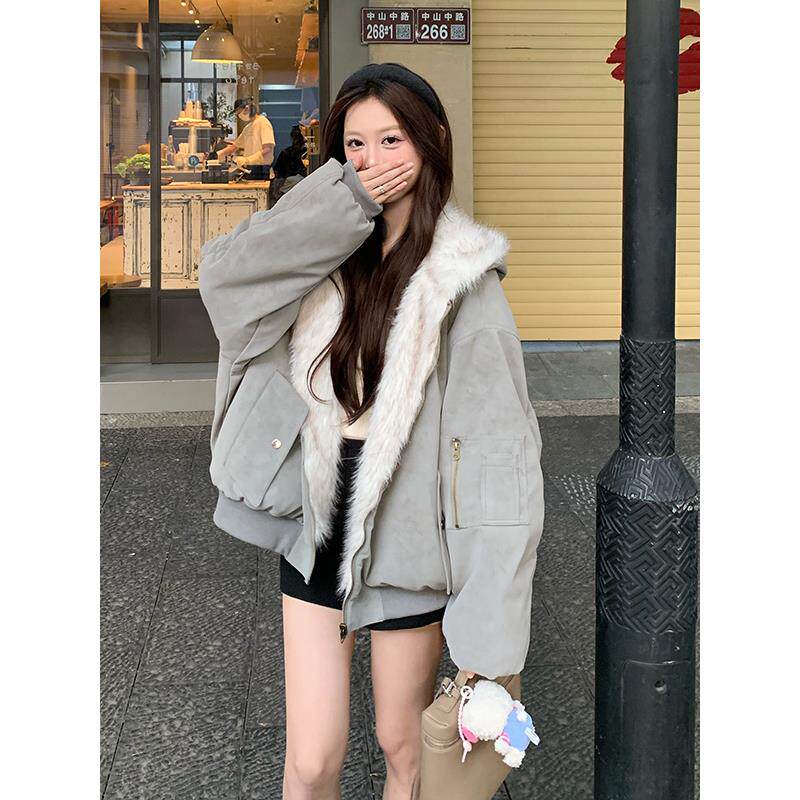 双面穿连帽外套女冬季加厚保暖美式覆古麂皮加绒飞行夹克防皮草