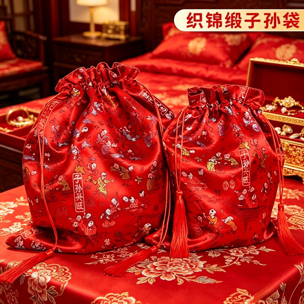 装子孙桶的袋子和装子孙五宝的果子袋装红枣花生桂圆莲子布艺传代