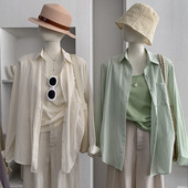 纯色翻领长袖 防晒衬衫 上衣 薄款 吊带两件套上衣春季 女