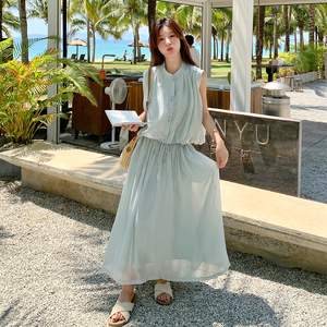 DARAROSE正品！流光溢彩超美浅绿色质感仙气松紧腰长款半身裙0415图片