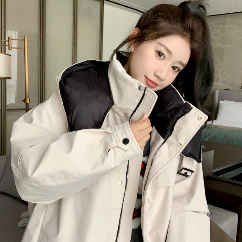 独特超好看粉色短款连帽工装派克羽绒服女冬2024新款90白鸭绒外套,女装羽绒服,浙宝213A
