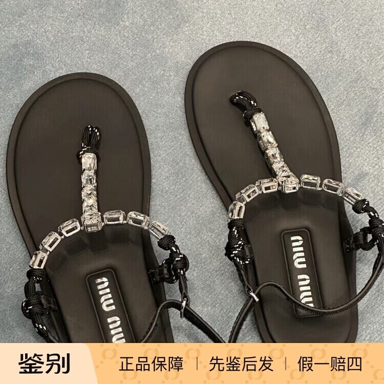 日本代购直邮 miumiu缪缪 水钻棉绳水钻平底夹趾凉鞋