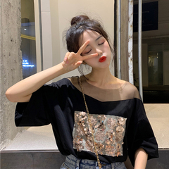 Real auction real price net embroidery round neck Pullover short sleeve summer T-shirt