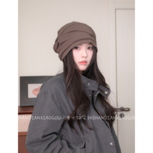 自带褶皱春秋冷帽 保暖防风 简约百搭显脸小针织堆堆帽女款