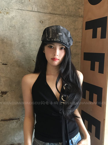 闪电小狗*复古做旧磨破辣妹前进帽y2k亚文化牛仔贝雷帽女