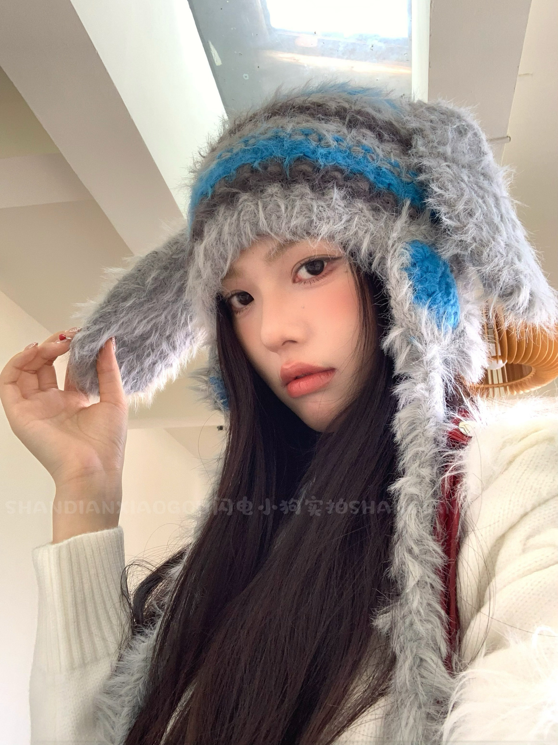 y2k兔耳帽* 秋冬季新款甜美兔子耳朵毛绒绒针织帽子女保暖