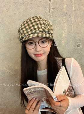 复古奶绿色格子贝雷帽子包头显脸小鸭舌前进帽潮女帽