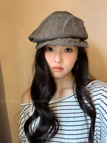 闪电小狗日系复古贝雷帽女春夏棉麻褶皱云朵画家帽山本风帽子