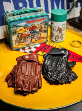 「福禄车库&reg;」夏季粒面羊皮半指机车复古骑行透气真皮手套