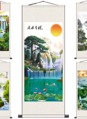 流水生财山水画卷轴装饰k画新中式挂轴仿古画靠山图迎客松丝绸画
