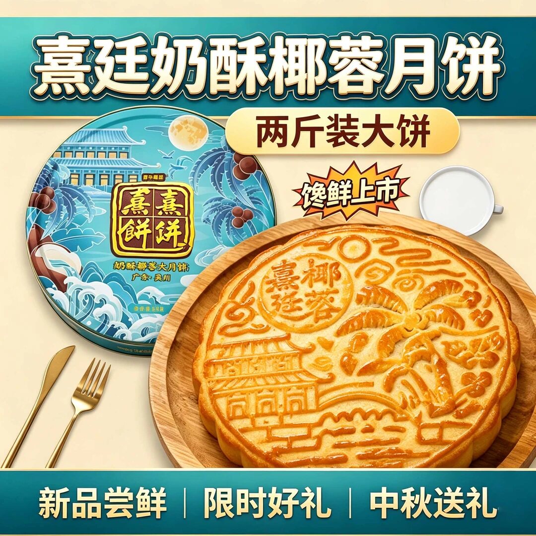 2026吴川熹廷皇廷奶酥椰蓉大月饼500/600g/1000g广式奶香月饼中秋
