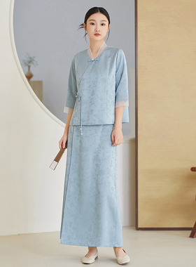 复古唐装中国风古装盘扣上衣女装禅意茶服套装两件套夏季茶艺师