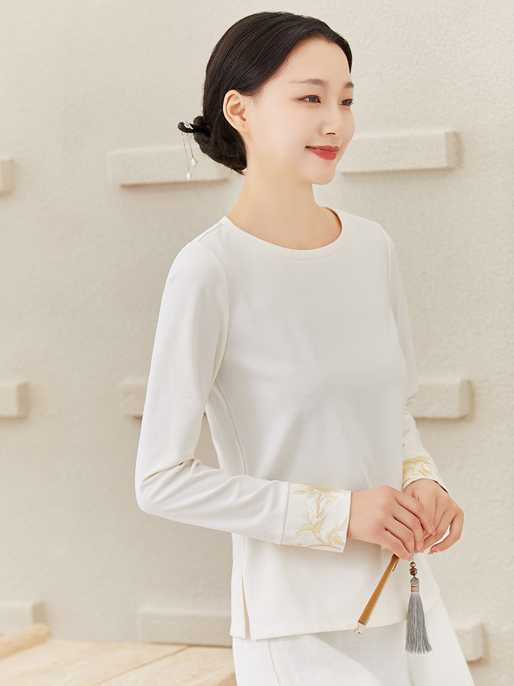 HANFU BASE LAYER LONG SLEEVES RETRO WOMENS HIGH-END EMBROIDERY TANG COSTUME CHINESE STYLE SHORT AND VERSATILE TOP T-SHIRT
