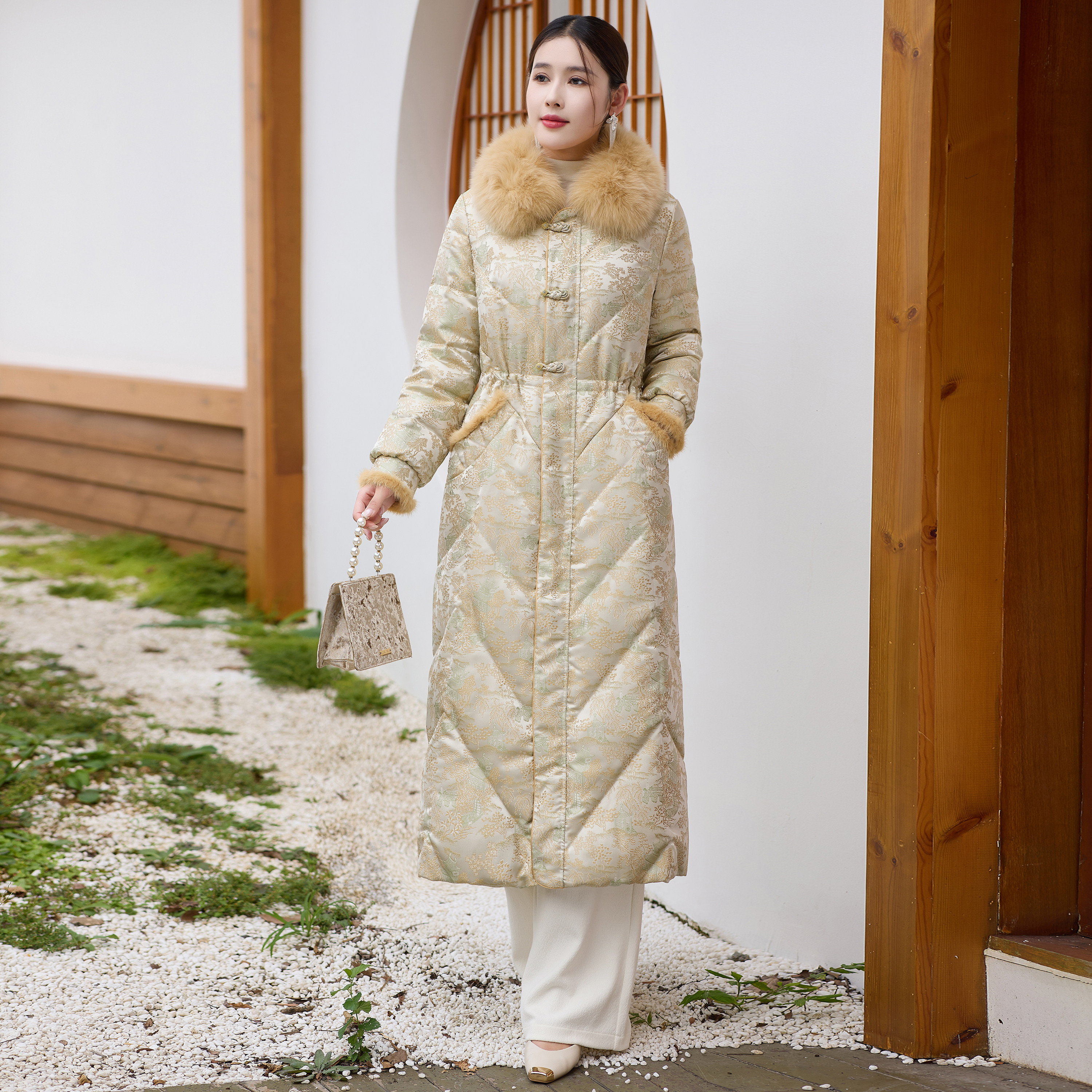 新中式狐狸毛过膝羽绒服女款冬季保暖收腰白鸭绒国风提花盘扣女装,女装/女士精品,羽绒服,淘宝优惠券,粉丝福利购,淘宝优惠卷