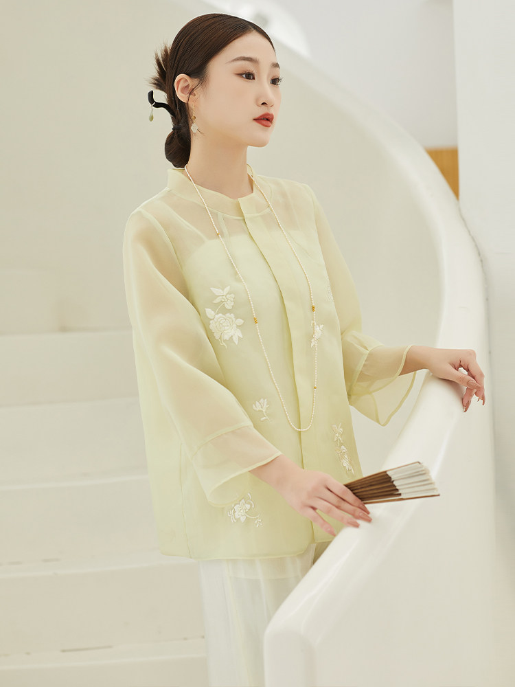 IMPROVED NEW CHINESE ZEN TEA COSTUME TANG COSTUME WOMENS 2024 SPRING|SUMMER WILD BUCKLE NATIONAL STYLE SHIRT HANFU TOP SET