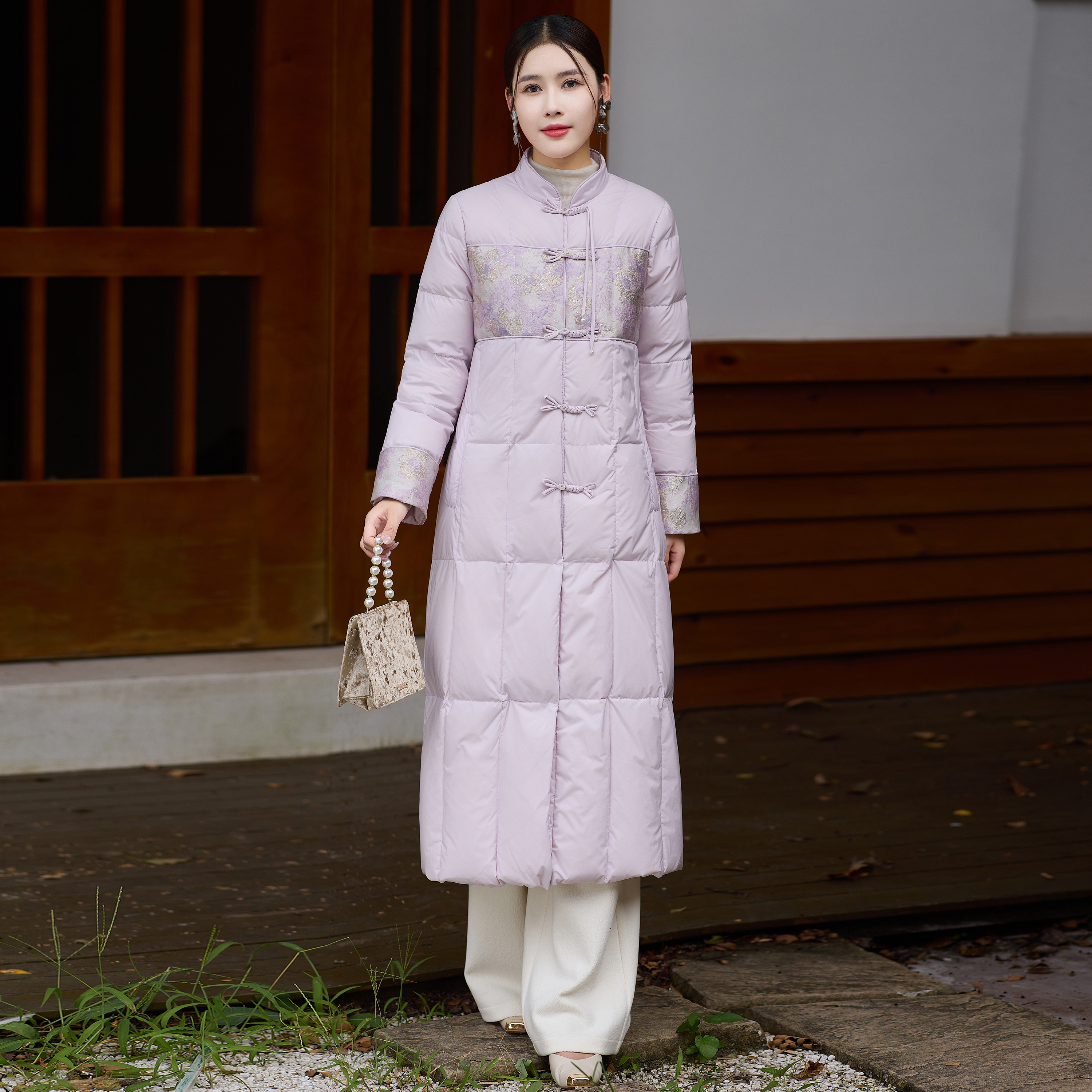 中式紫色过膝羽绒服盘扣加厚保暖冬季外套女装90白鸭绒中长款上衣