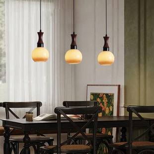 复古三头餐桌吧台小吊灯 中古侘寂风餐厅吊灯胡桃木色简约创意日式