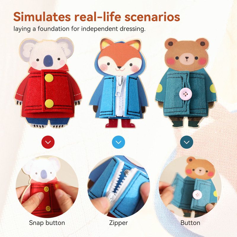 动手动脑益智动物木片穿衣服忙碌板纽扣拉链认知学习动物认知玩具