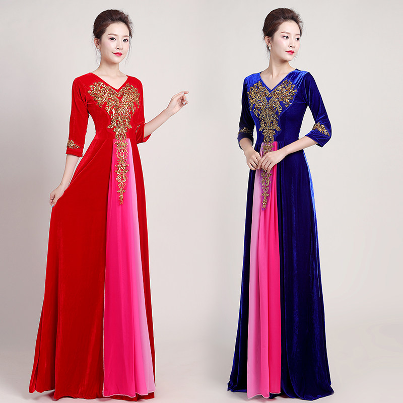 新款金丝绒合唱服主持人大合唱团演出服成人时尚女长裙服装晚礼服