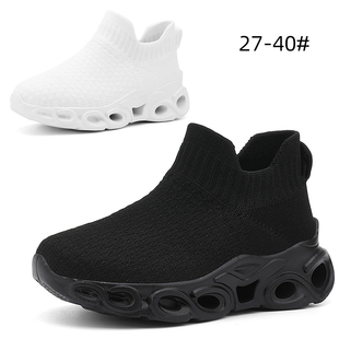 儿童袜子鞋男童鞋全黑色厚底女孩中大童40码一脚蹬飞织运动休闲鞋