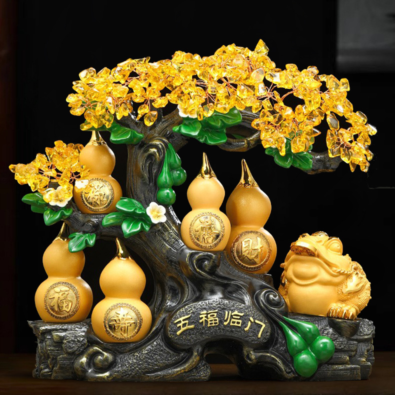 五福临门葫芦摆件木家用客厅玄关家居饰品树脂工艺品吧台开业礼品