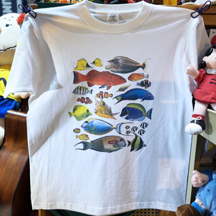 短袖 美式 小领口宽松休闲纯棉男女款 大海洋生物鱼 复古vintage