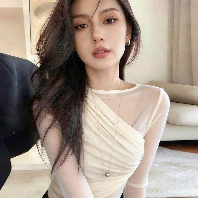 法式气质网纱拼接内搭打底假两件T恤女2026新款不对称设计感上衣