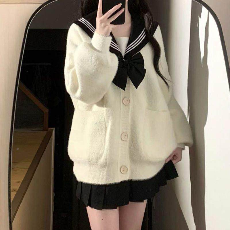 JK制服开衫小个子毛茸茸白色毛衣女秋冬针织学院风水手服外套上衣