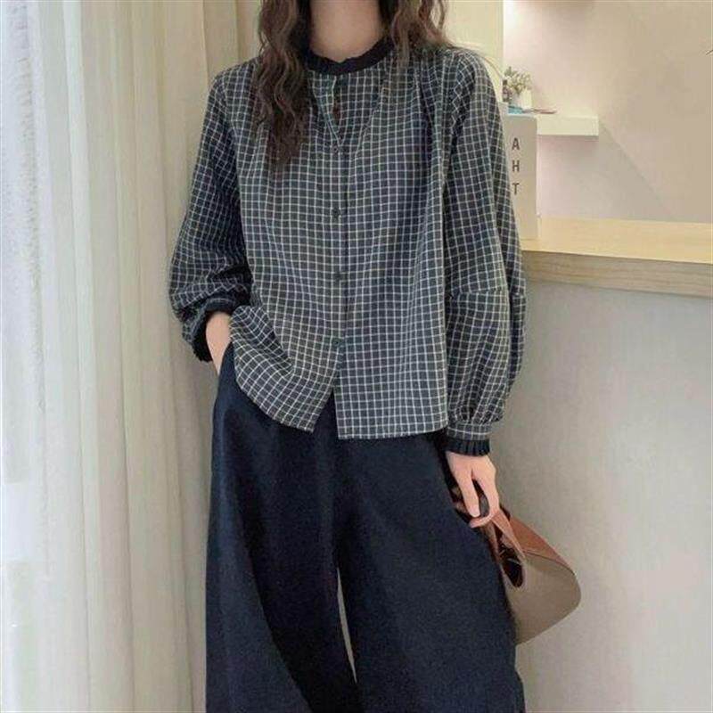 设计格子法式早秋长袖衬衫女木耳边秋季复古新品宽松显瘦圆领上衣