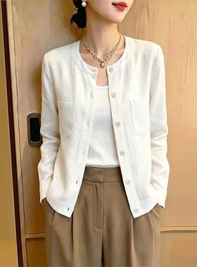 白色圆领长袖衬衫女士秋季2026新款洋气减龄宽松休闲开衫外套上衣