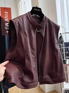 高级感立领机车皮马甲女春秋新款无袖叠穿pu皮衣皮夹克背心外套潮