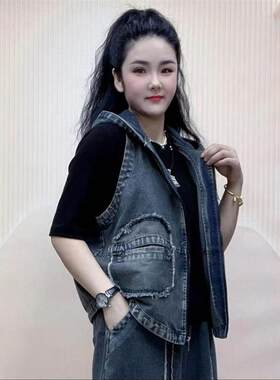 复古连帽牛仔马甲女春秋新款宽松百搭休闲无袖马夹坎肩背心外套潮
