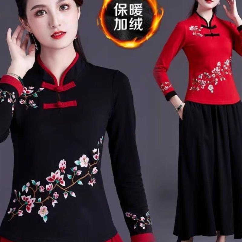 春装中式风女装民族风上衣新款棉质刺绣长袖t恤女覆古立领打底衫