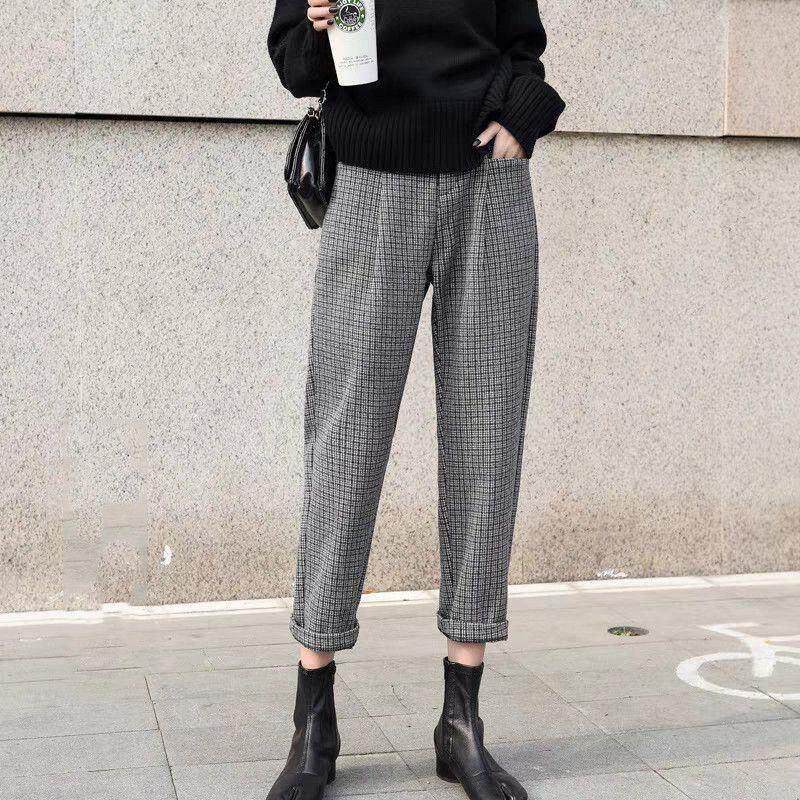 高品质九分女士毛呢哈伦裤秋冬新款高腰显瘦格子小个子直筒休闲裤