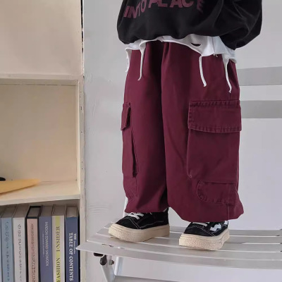 童装儿童工装裤宝宝秋季暗红色纯棉童裤潮牌男童长裤宽松裤子婴童