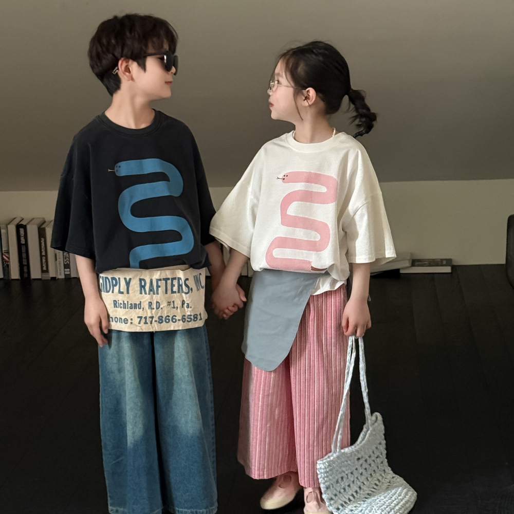 童T恤2025夏季男童女童韩版蛇年印花短袖儿童圆领宽松上衣末小蒙