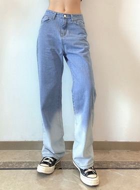 Tie-dye blue and white color matching straight-leg pants牛仔